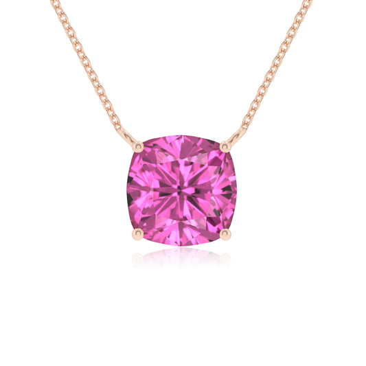 lab grown pink-sapphire cushion solitaire necklaces in rose gold 