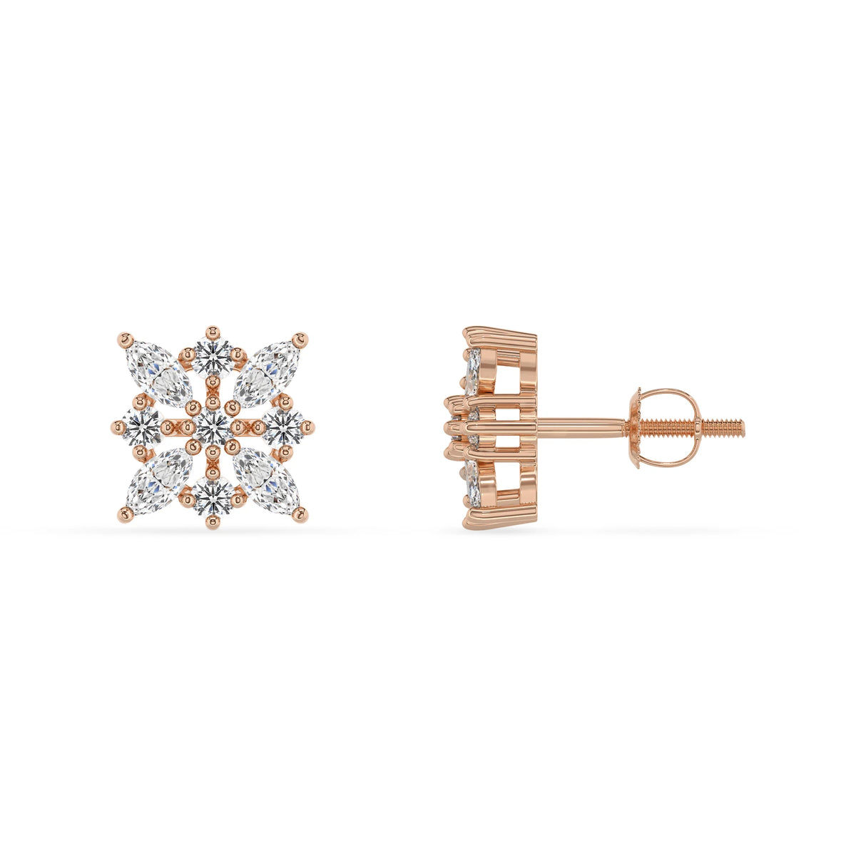lab grown moissanite marquise stud earrings in rose gold 