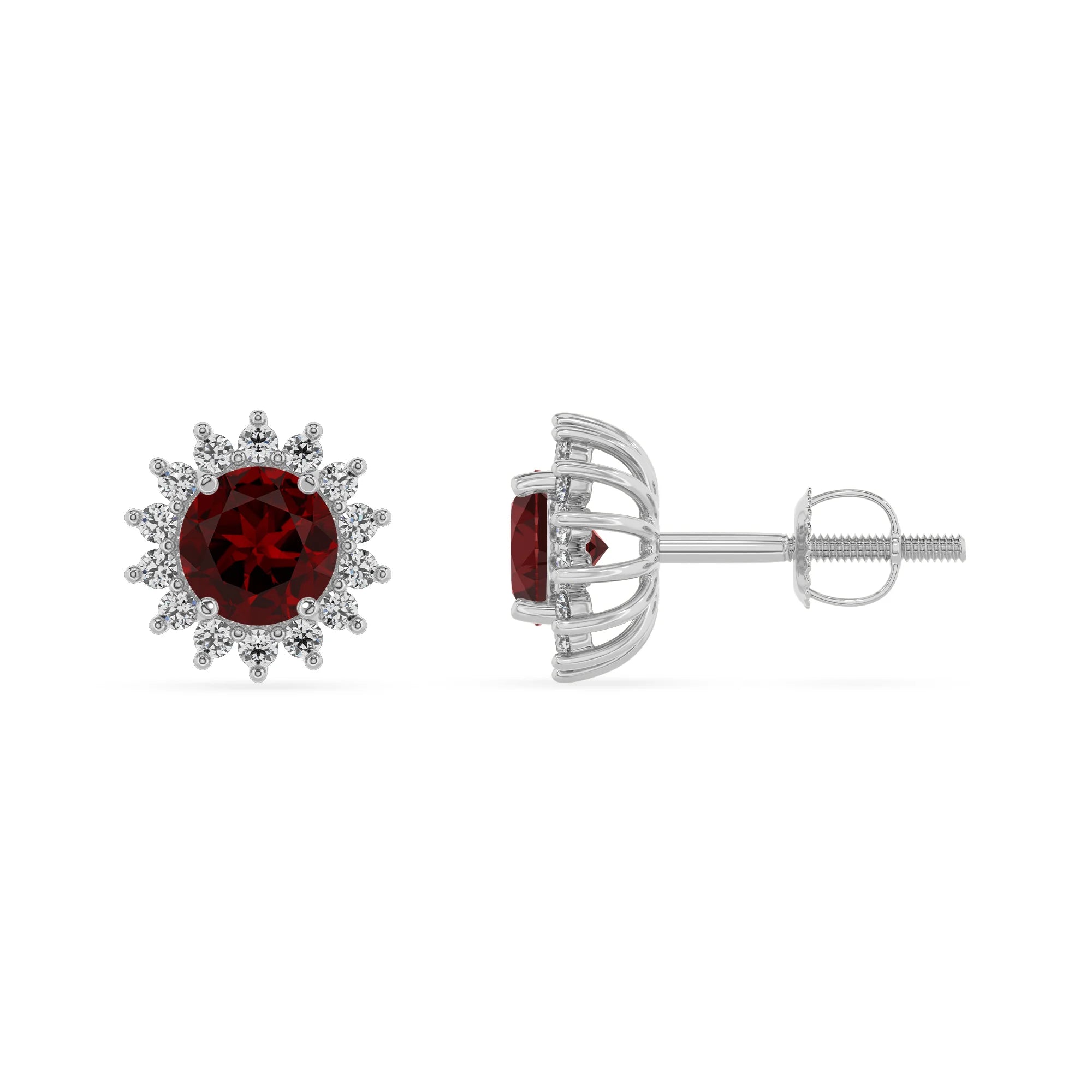 natural garnet round stud earrings in platinum 