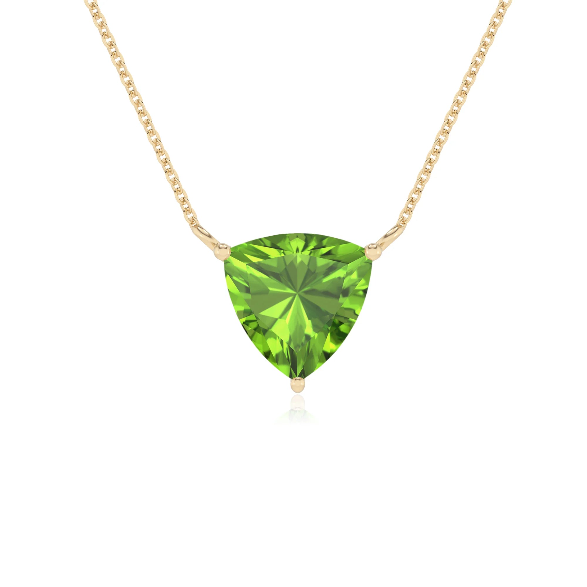 natural peridot trillion solitaire necklaces in yellow gold 