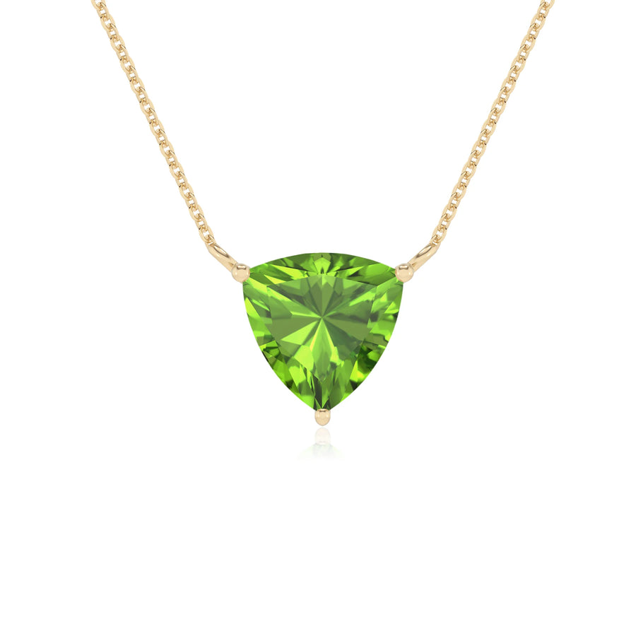 natural peridot trillion solitaire necklaces in yellow gold 