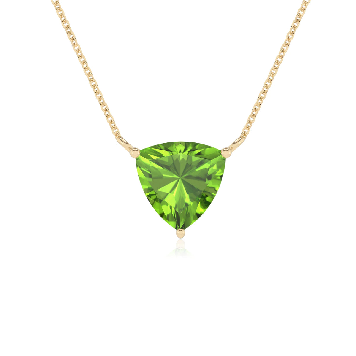 natural peridot trillion solitaire necklaces in yellow gold 