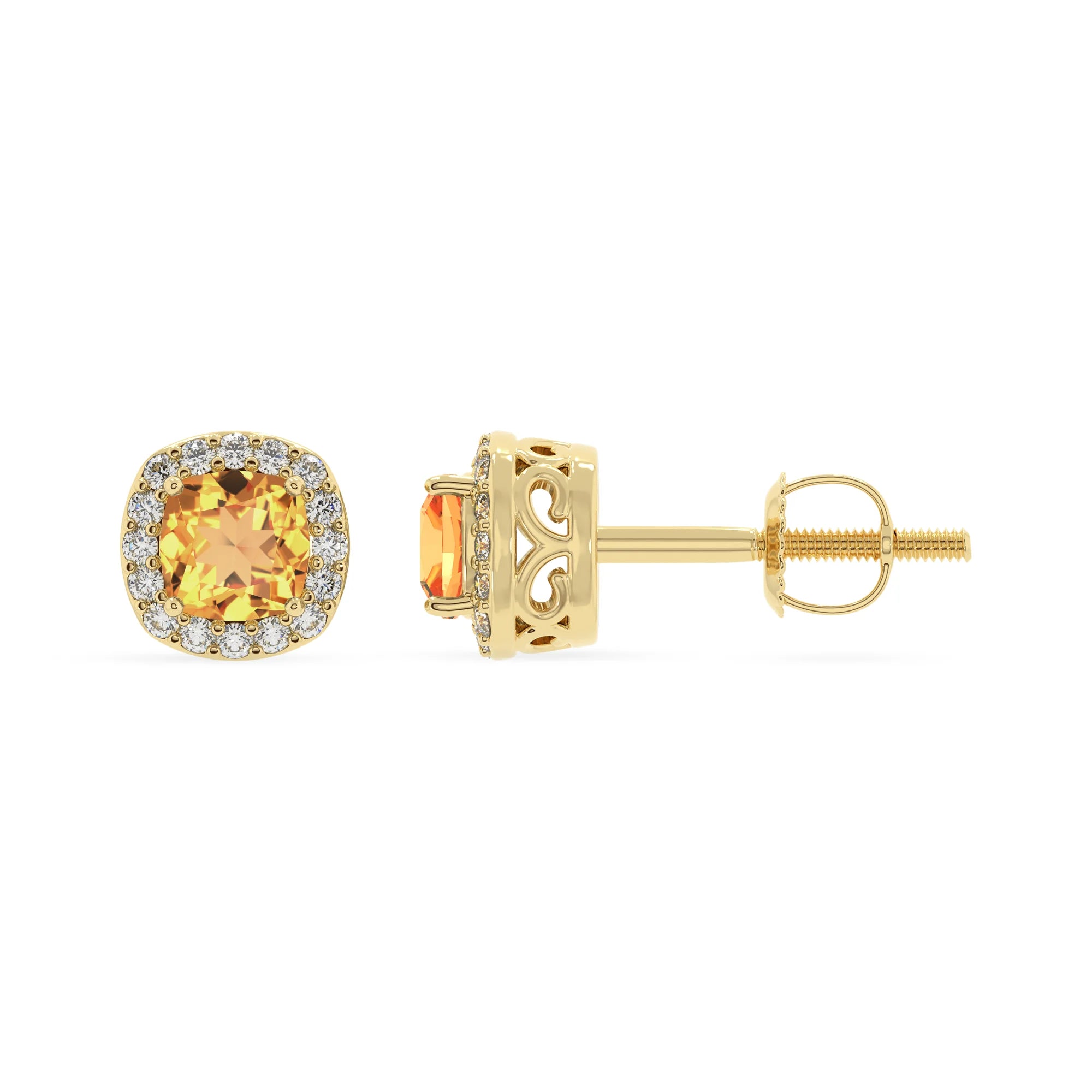 lab grown citrine cushion stud earrings in yellow gold 