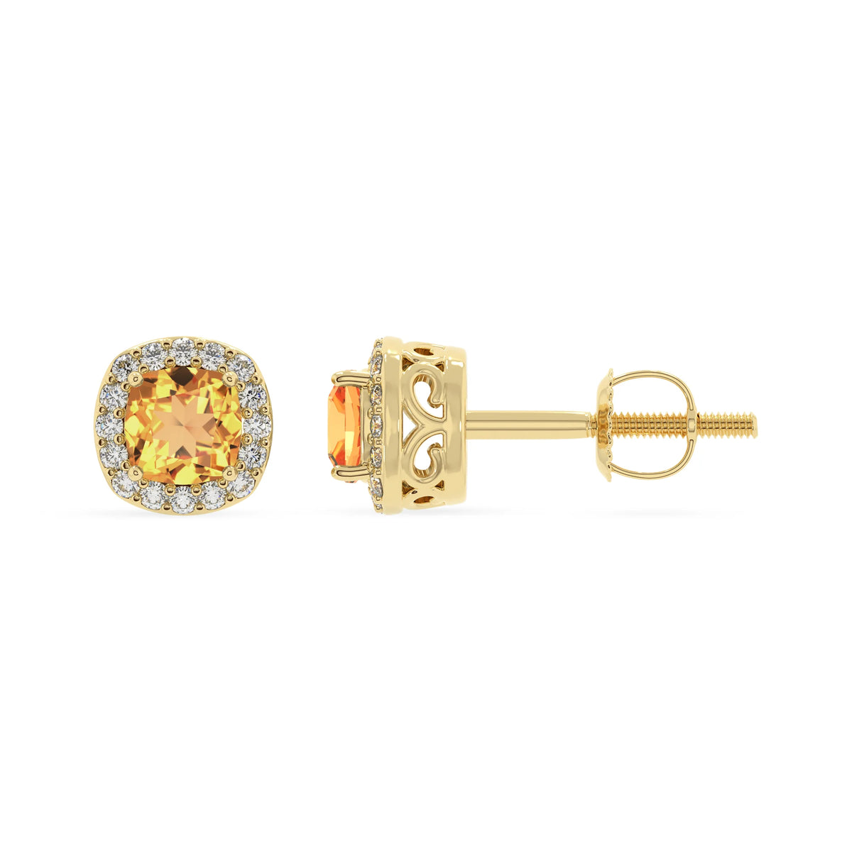 lab grown citrine cushion stud earrings in yellow gold 