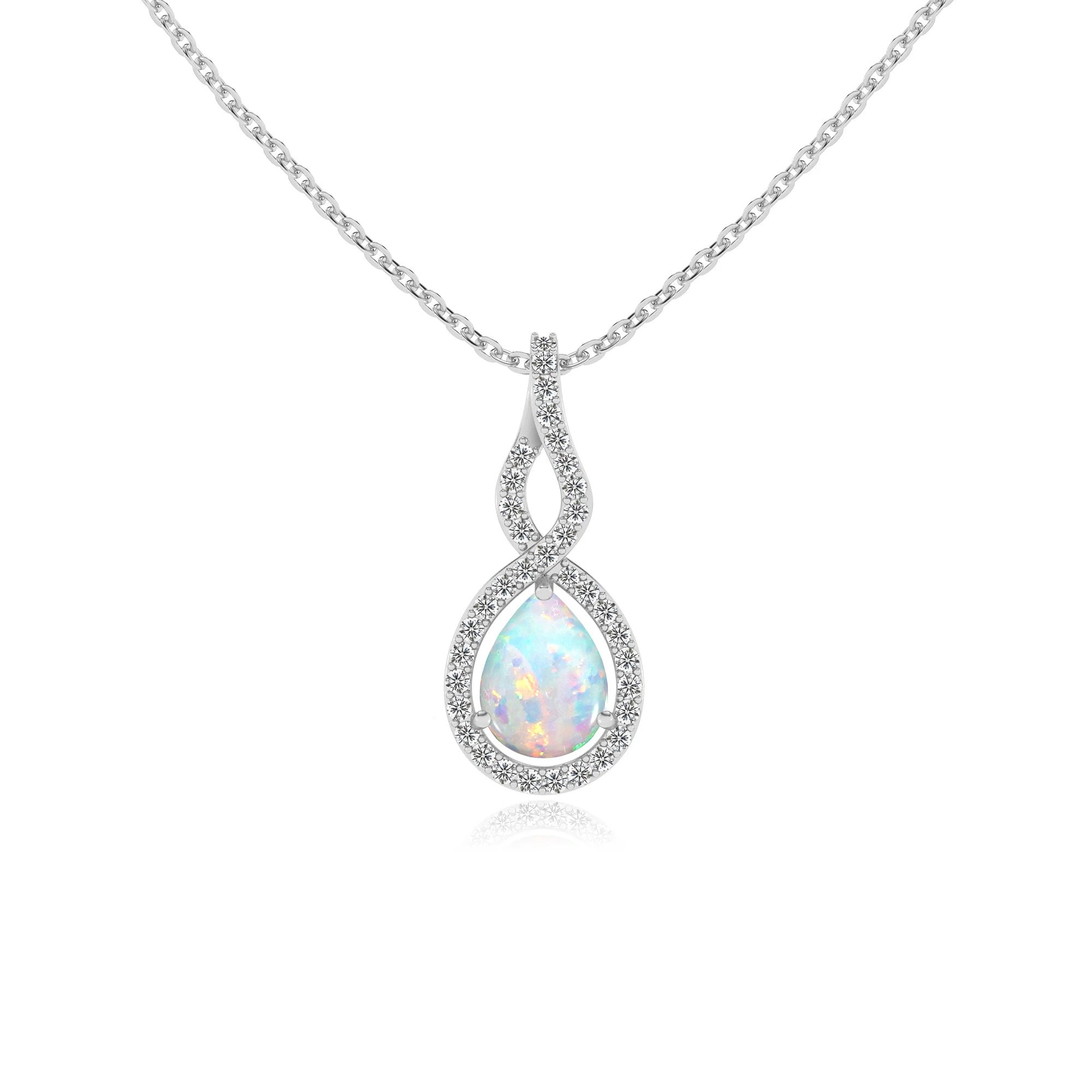 lab grown opal pear necklaces in white gold 