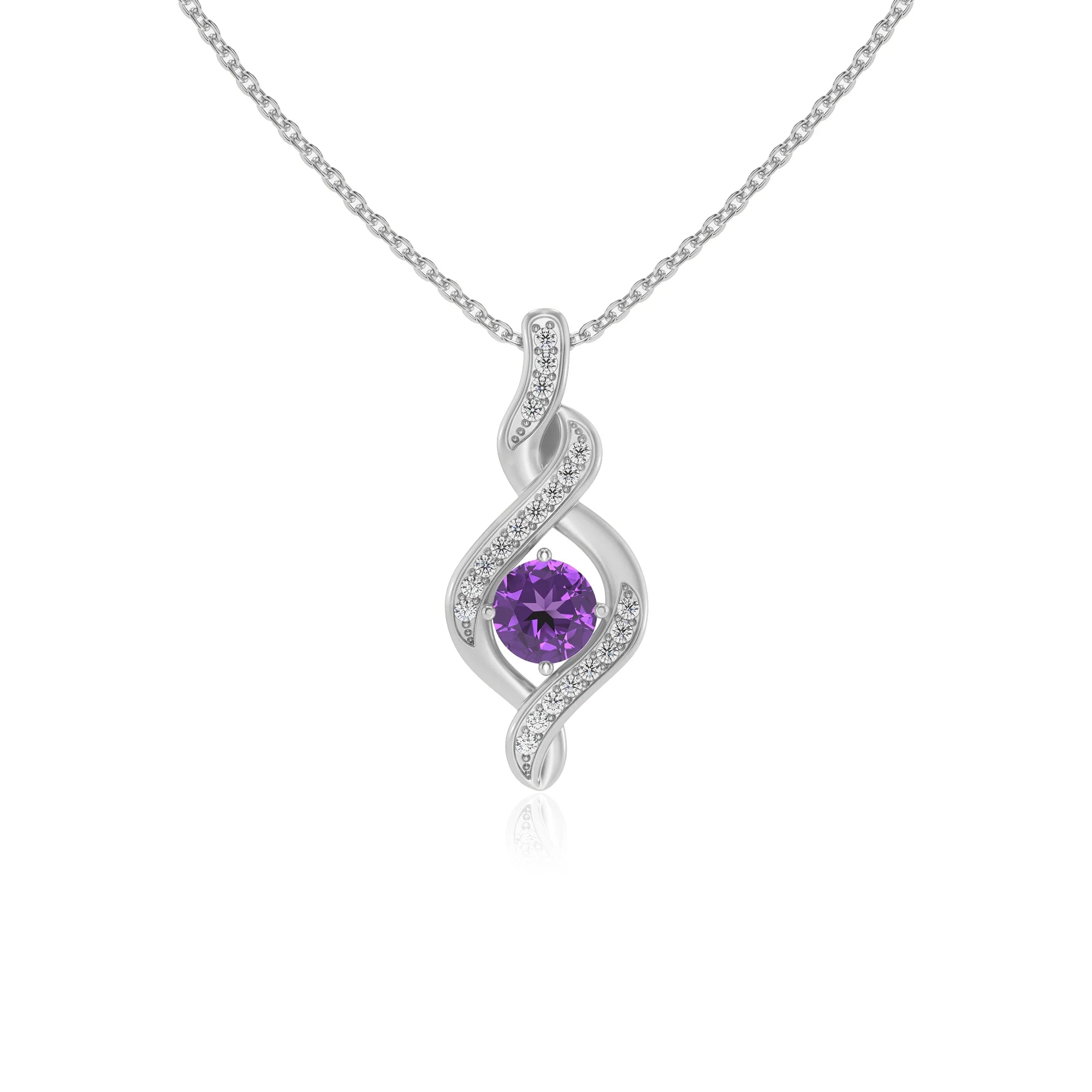 lab grown amethyst round solitaire necklaces in white gold 