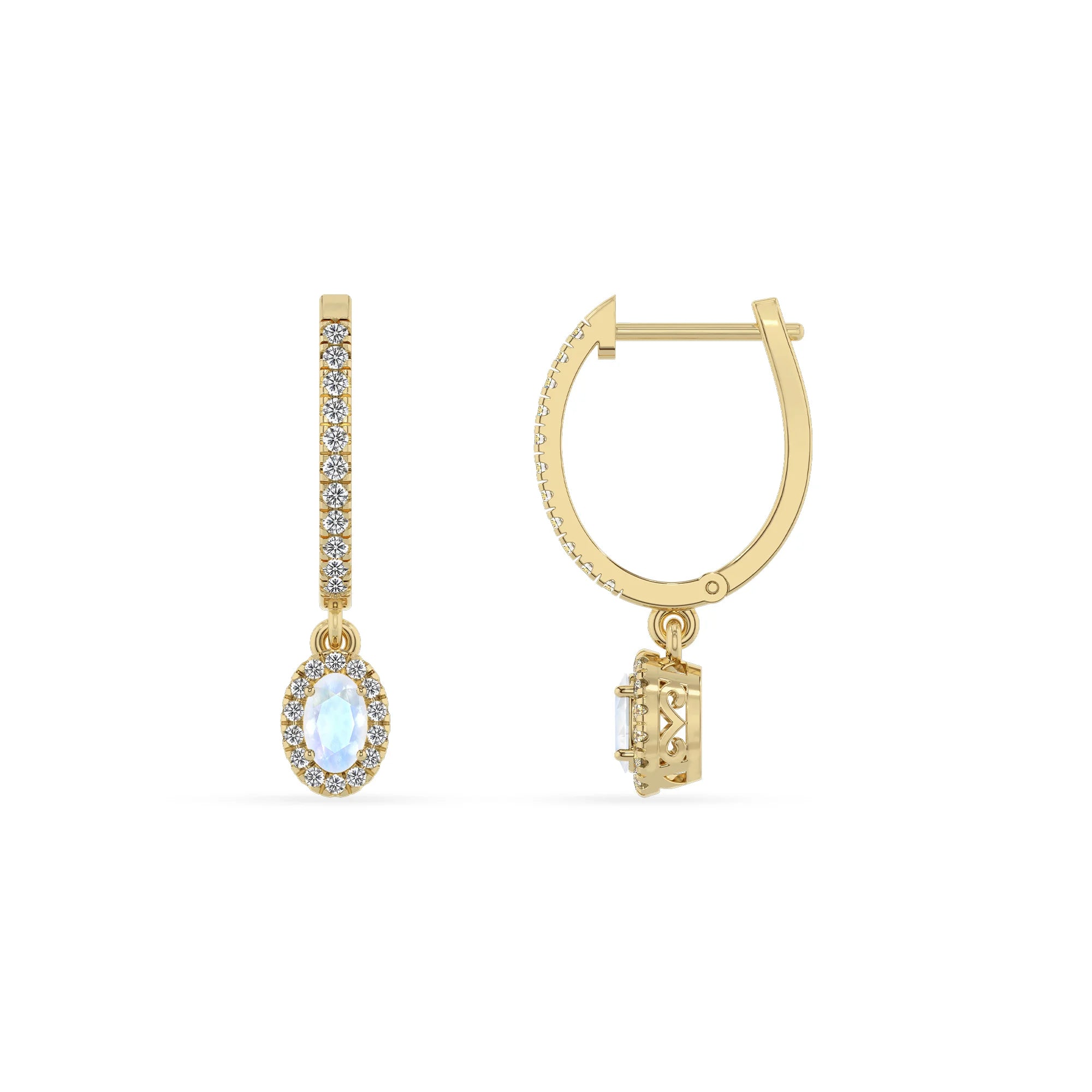 natural rainbow moonstone oval drop earrings in yellow gold 