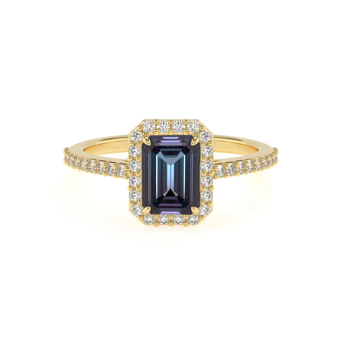 lab grown alexandrite emerald cut solitaire rings in yellow gold 