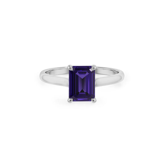 lab grown tanzanite emerald cut solitaire rings in platinum 
