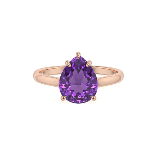 lab grown amethyst pear solitaire rings in rose gold 