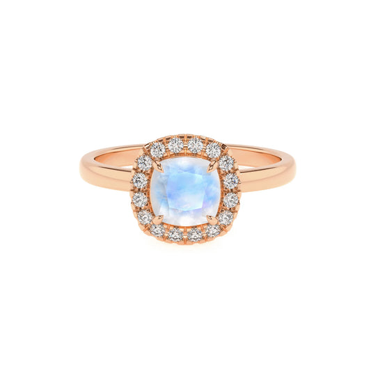 natural rainbow-moonstone cushion solitaire rings in rose gold 