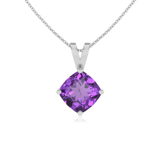 lab grown amethyst cushion solitaire v-bale necklaces in platinum 
