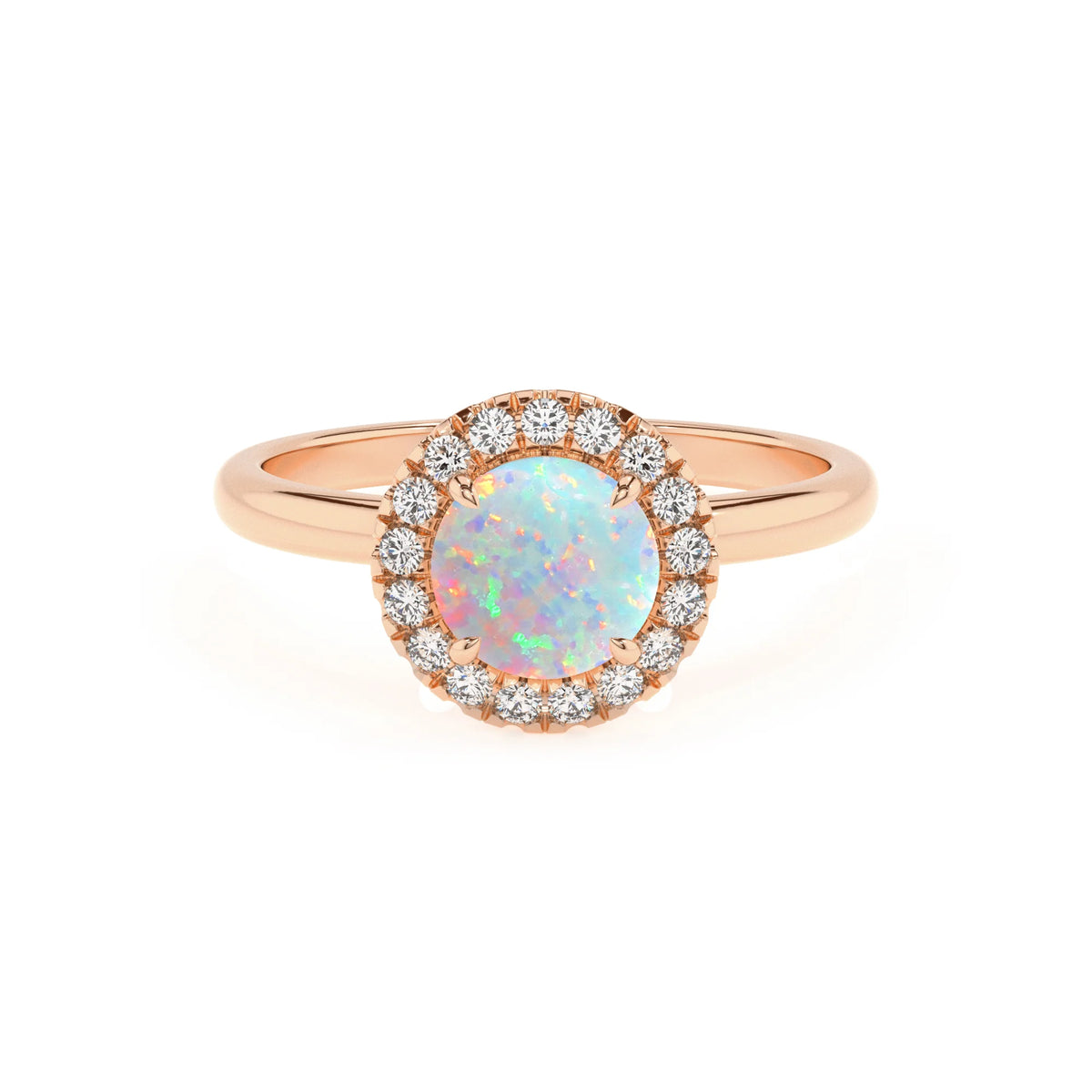 lab grown opal round solitaire rings in rose gold 