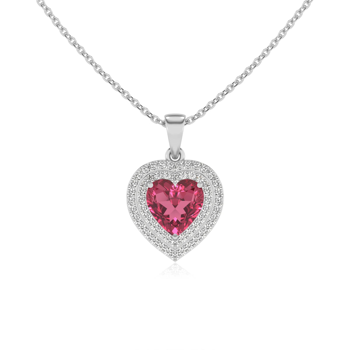lab grown pink tourmaline heart halo necklaces in white gold 