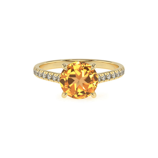 lab grown citrine round half eternity solitaire engagement rings in yellow gold 