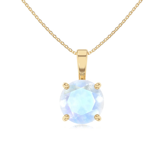 natural rainbow-moonstone round solitaire necklaces in yellow gold 