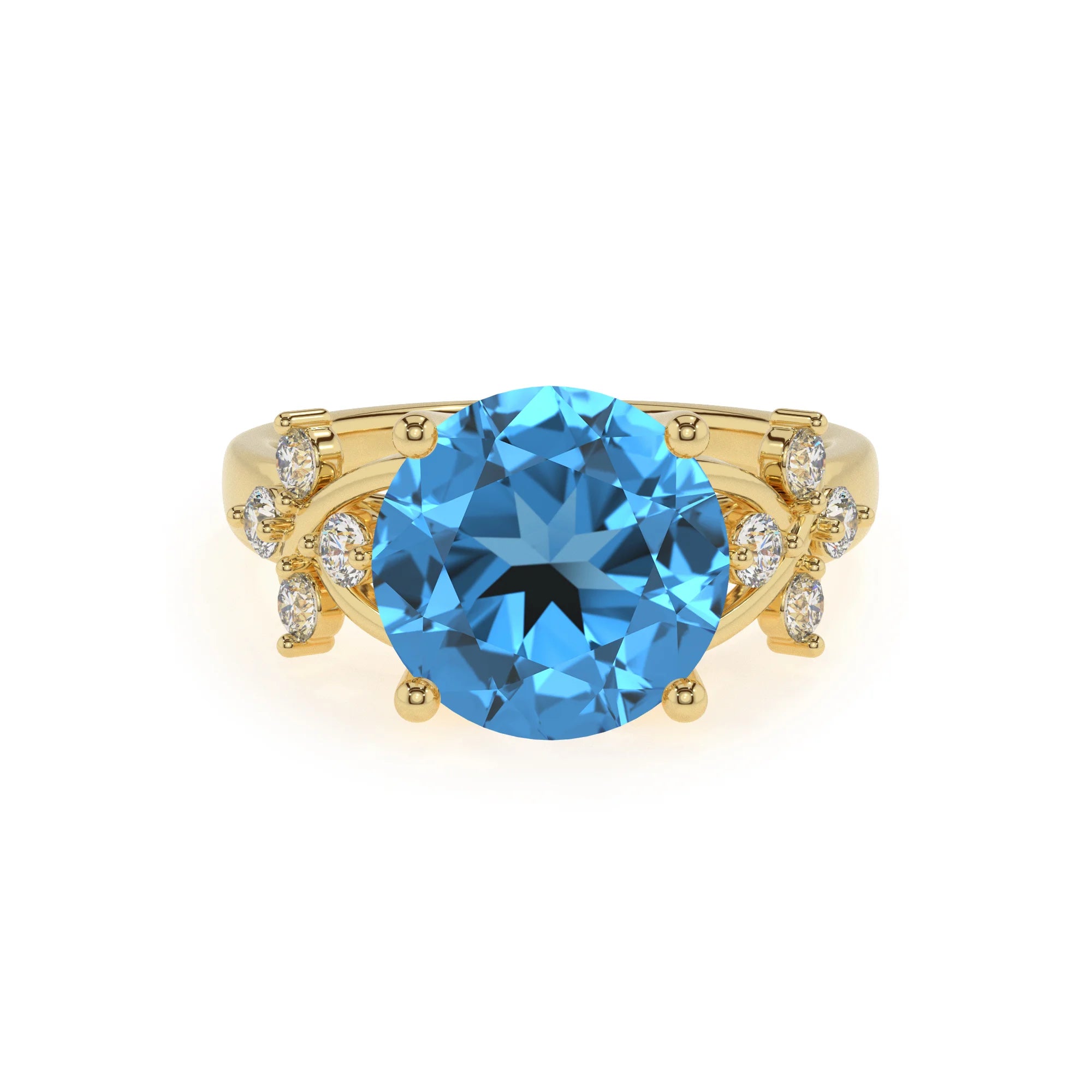 natural swiss-blue-topaz round solitaire rings in yellow gold 