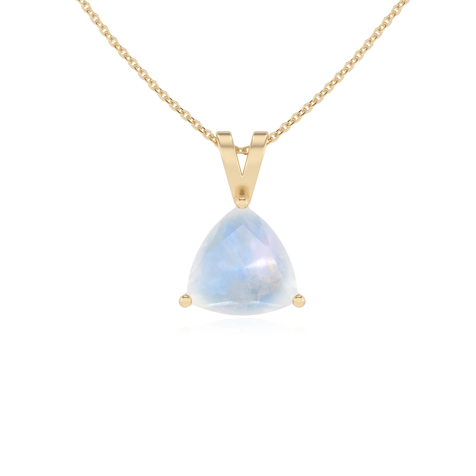 natural rainbow-moonstone trillion solitaire v-bale necklaces in yellow gold 