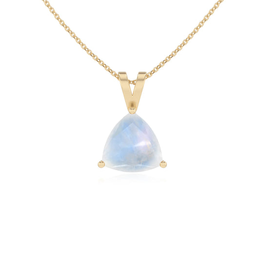 natural rainbow-moonstone trillion solitaire v-bale necklaces in yellow gold 