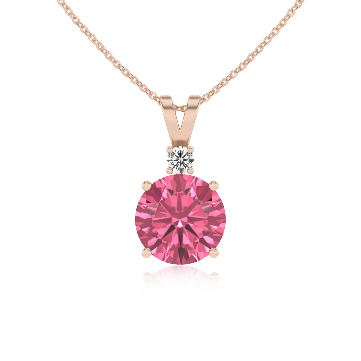 lab grown pink-tourmaline round solitaire v-bale necklaces in rose gold 