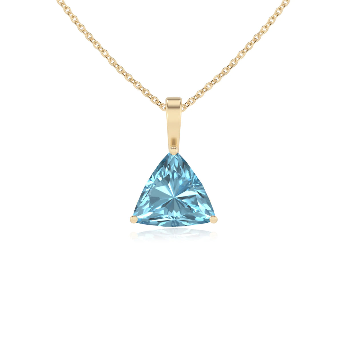 lab grown aquamarine trillion solitaire necklaces in yellow gold 