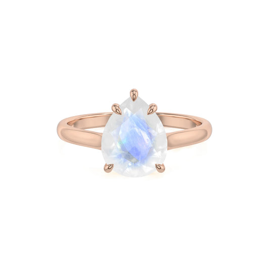natural rainbow-moonstone pear solitaire rings in rose gold 