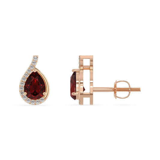 natural garnet pear stud earrings in rose gold 