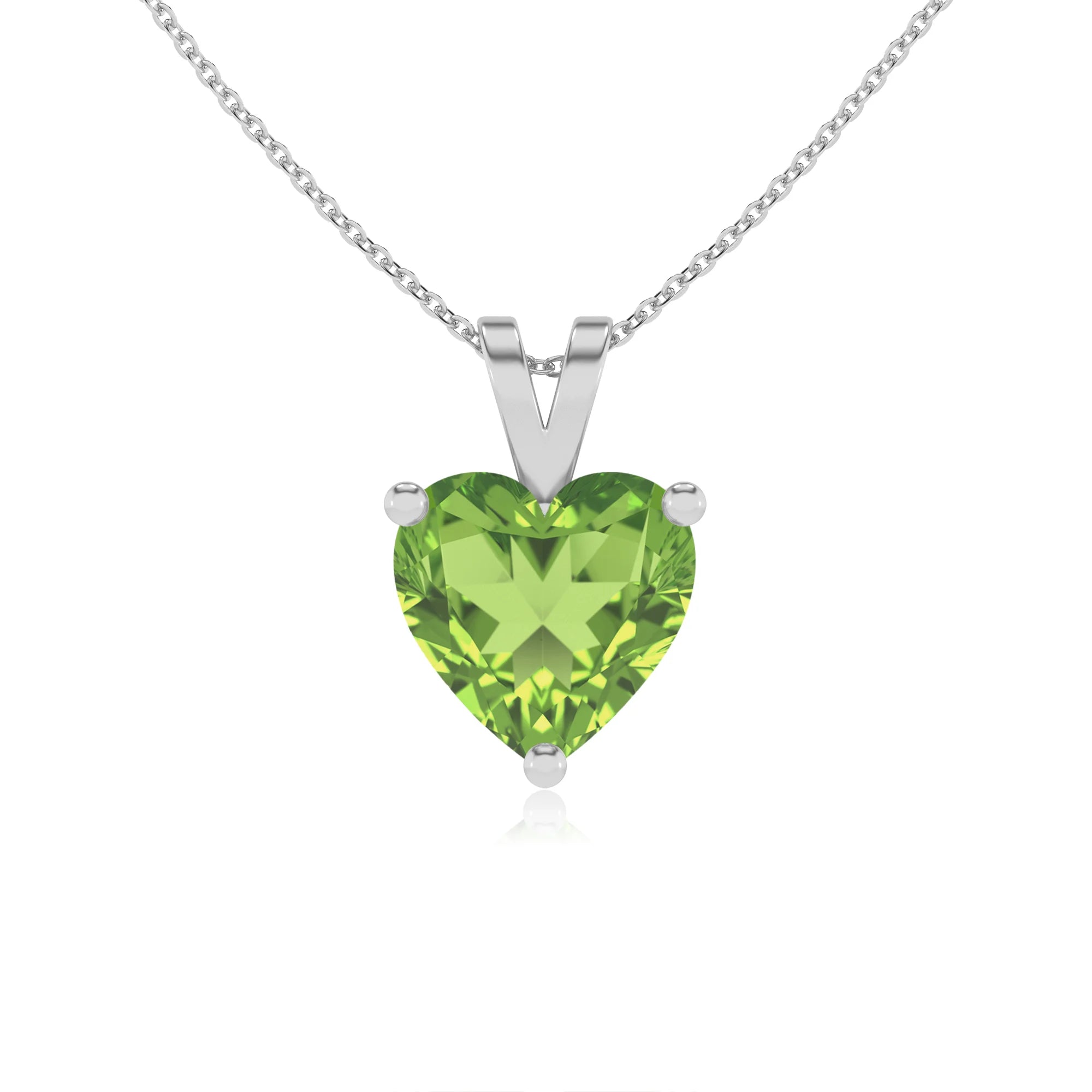 natural peridot heart solitaire v-bale necklaces in platinum 