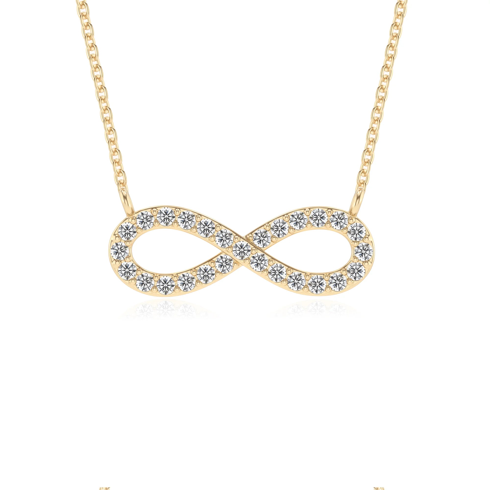 lab grown diamond round infinity v-bale necklaces in yellow gold 