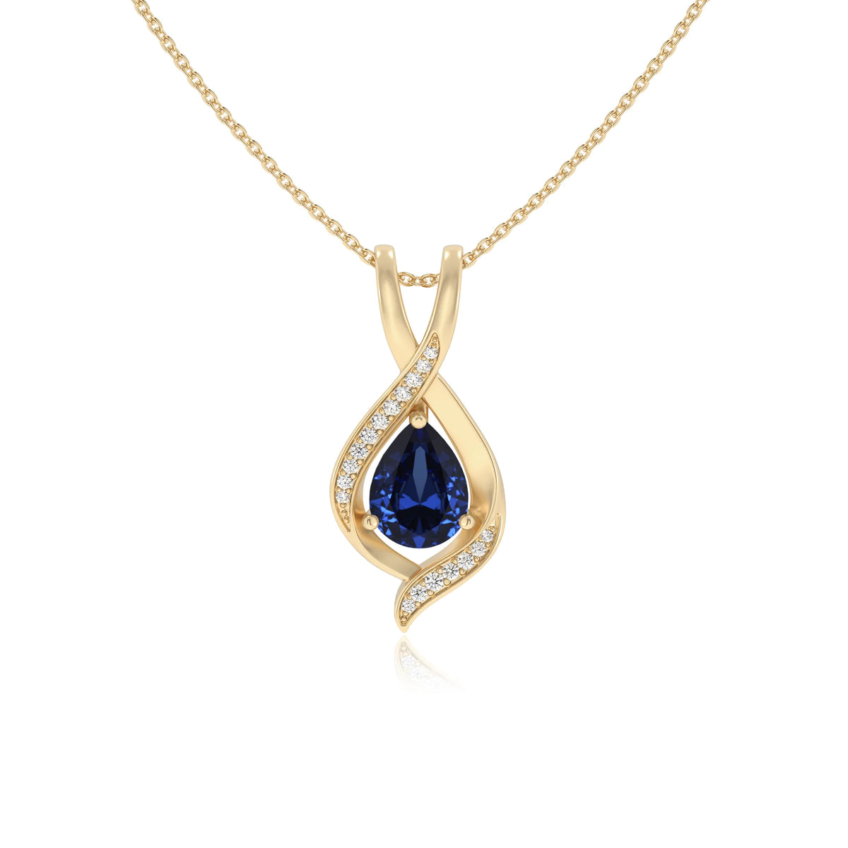 lab grown blue-sapphire pear solitaire necklaces in yellow gold 