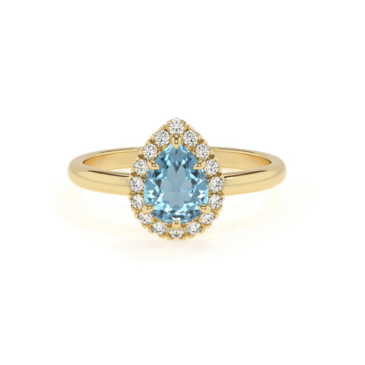 lab grown aquamarine pear solitaire rings in yellow gold 