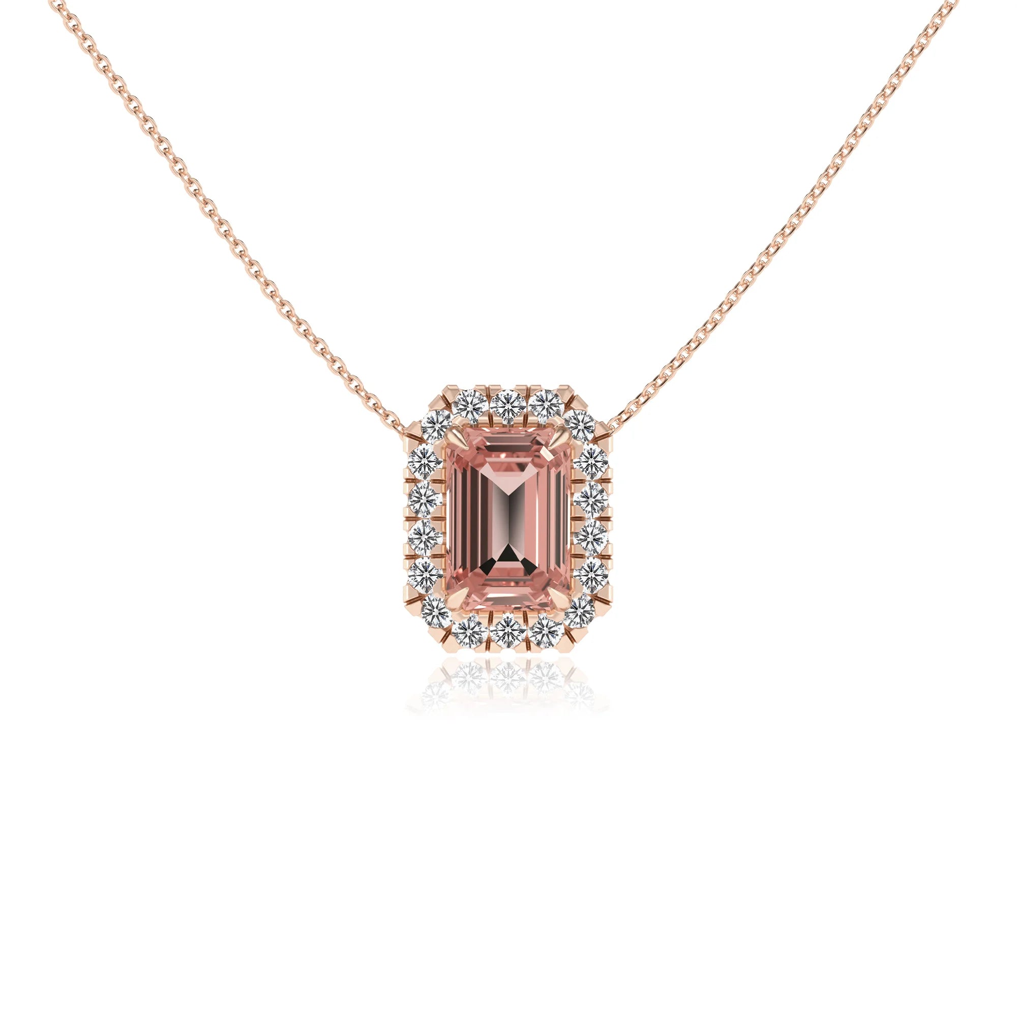 lab grown morganite emerald cut solitaire necklaces in rose gold 