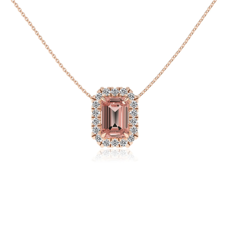 lab grown morganite emerald cut solitaire necklaces in rose gold 