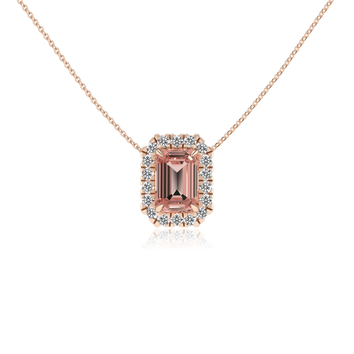 lab grown morganite emerald cut solitaire necklaces in rose gold 