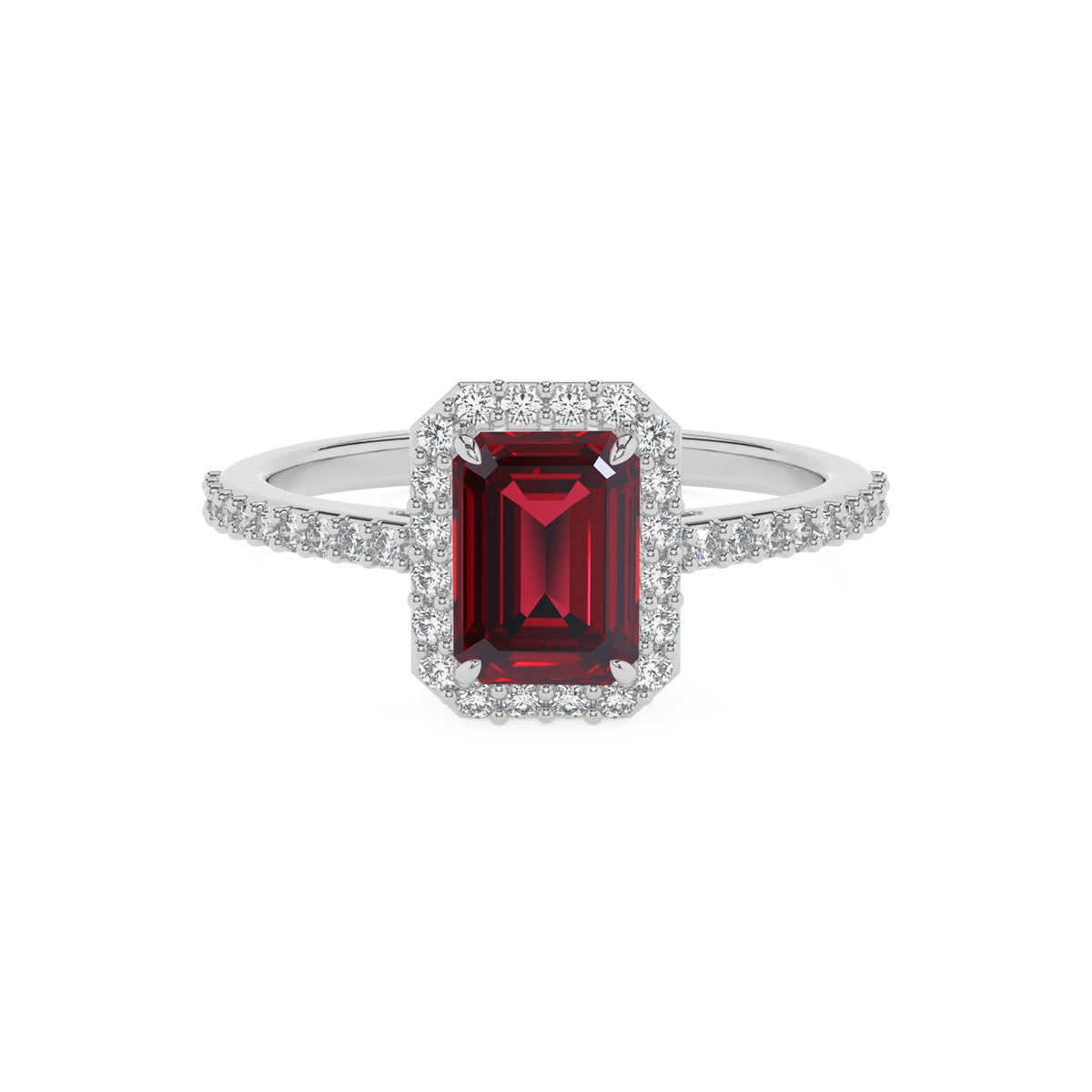 lab grown ruby emerald cut solitaire rings in platinum 