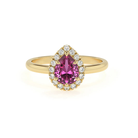 lab grown pink-sapphire pear solitaire rings in yellow gold 