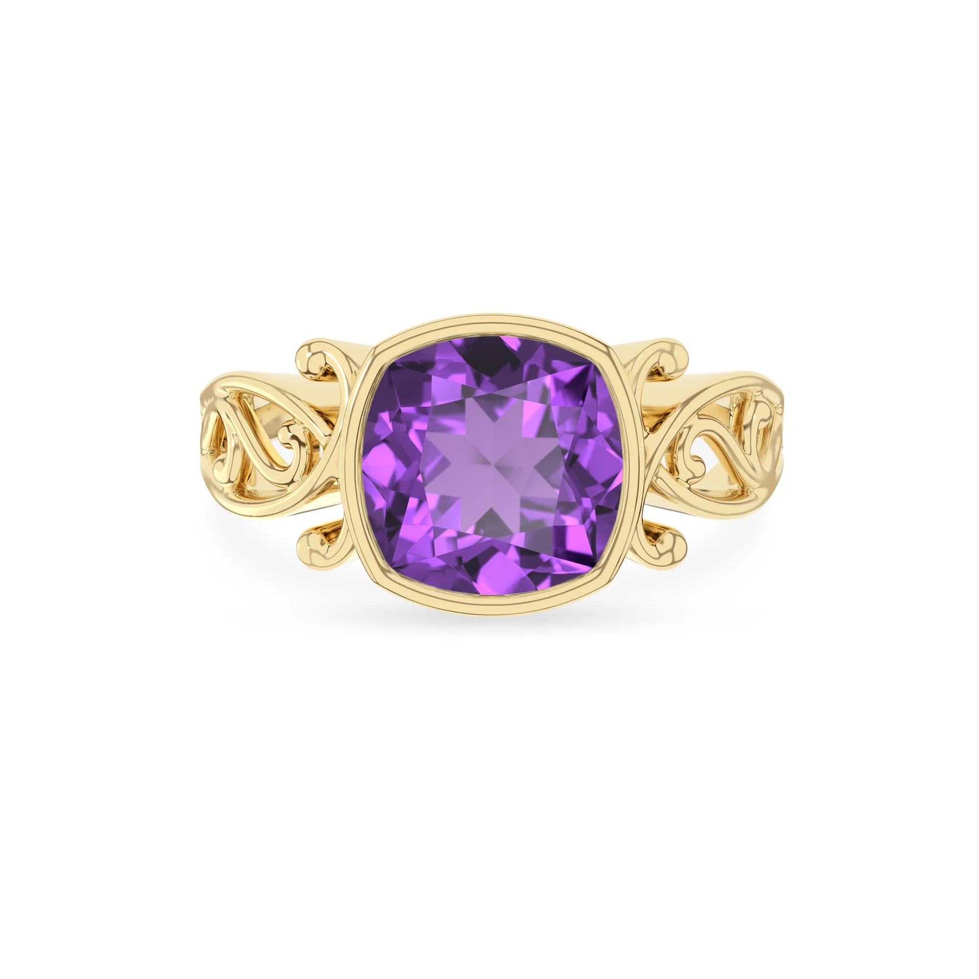 lab grown amethyst cushion solitaire rings in yellow gold 