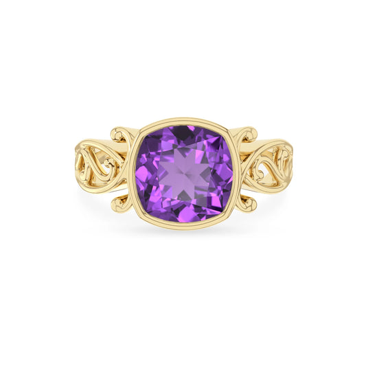 lab grown amethyst cushion solitaire rings in yellow gold 