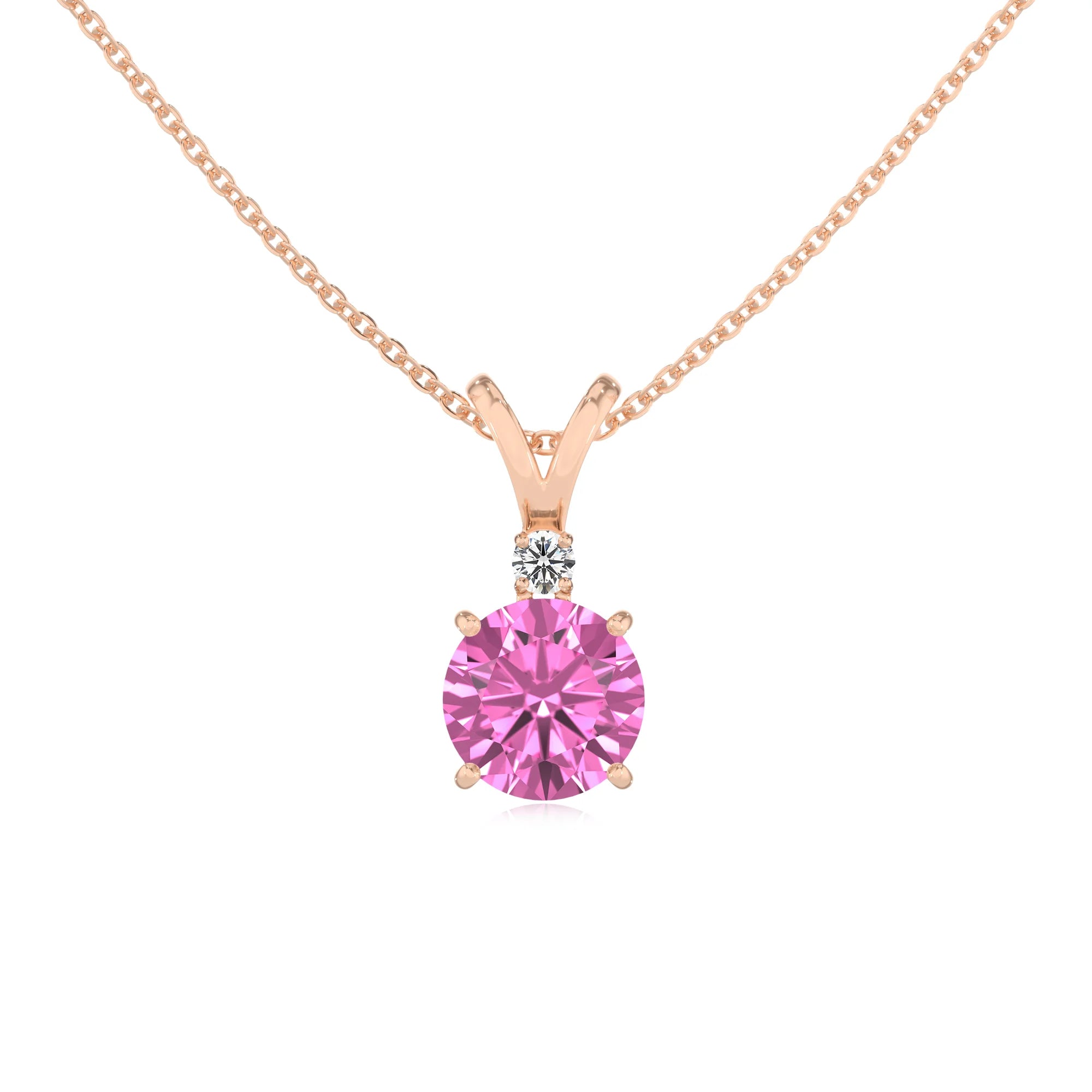 lab grown pink-sapphire round solitaire v-bale necklaces in rose gold 