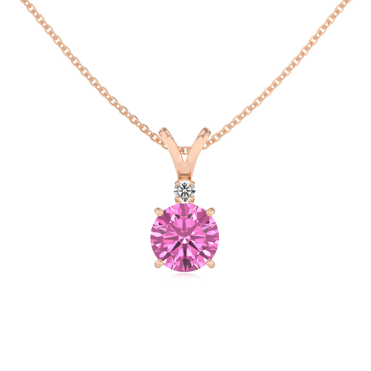 lab grown pink-sapphire round solitaire v-bale necklaces in rose gold 