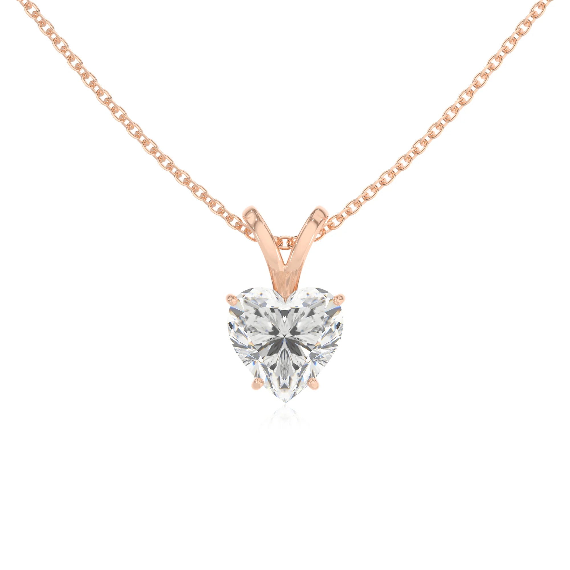 lab grown moissanite heart solitaire v-bale necklaces in rose gold 