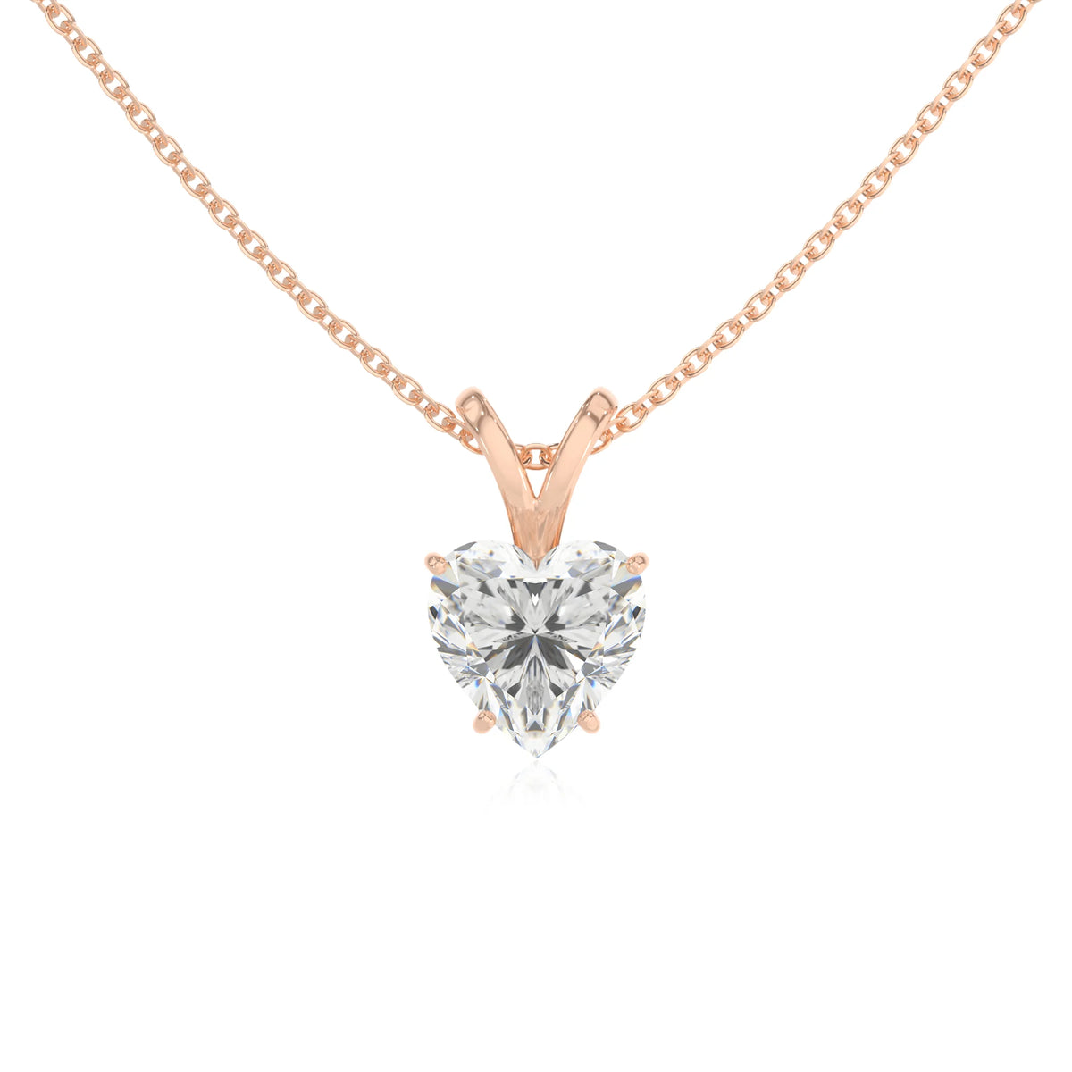 lab grown moissanite heart solitaire v-bale necklaces in rose gold 