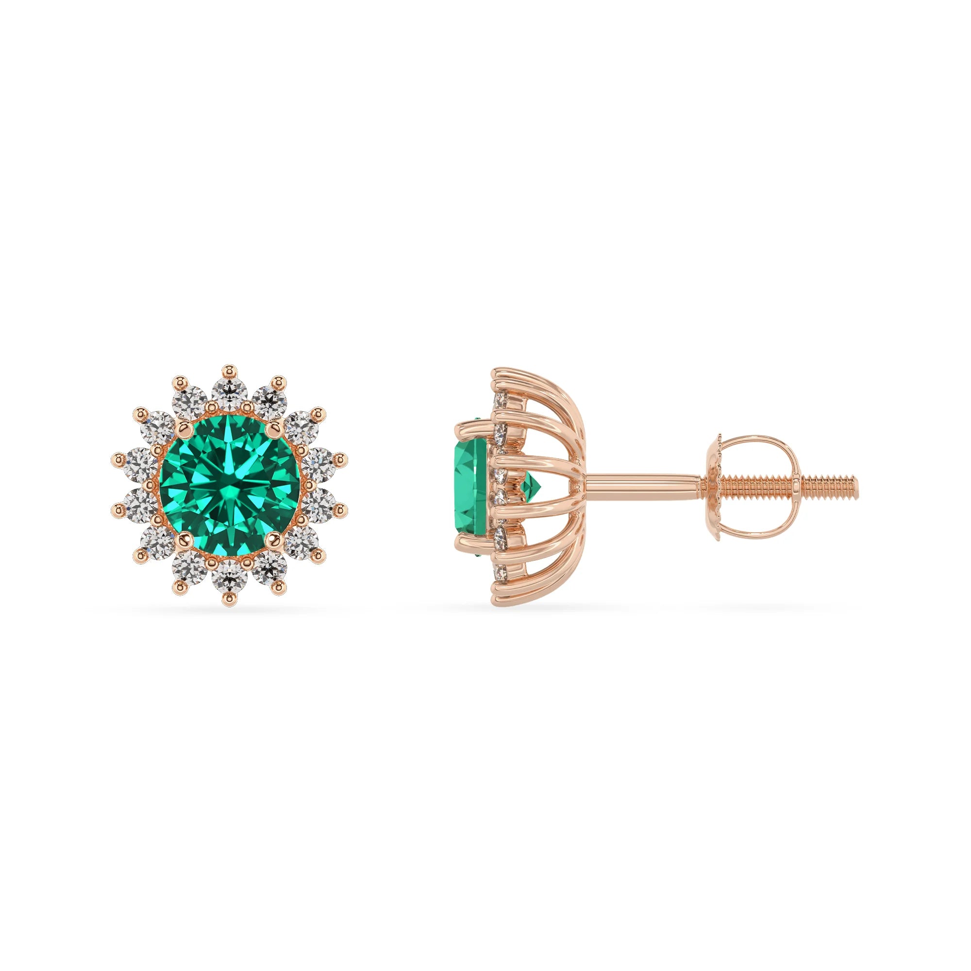 lab grown emerald round stud earrings in rose gold 