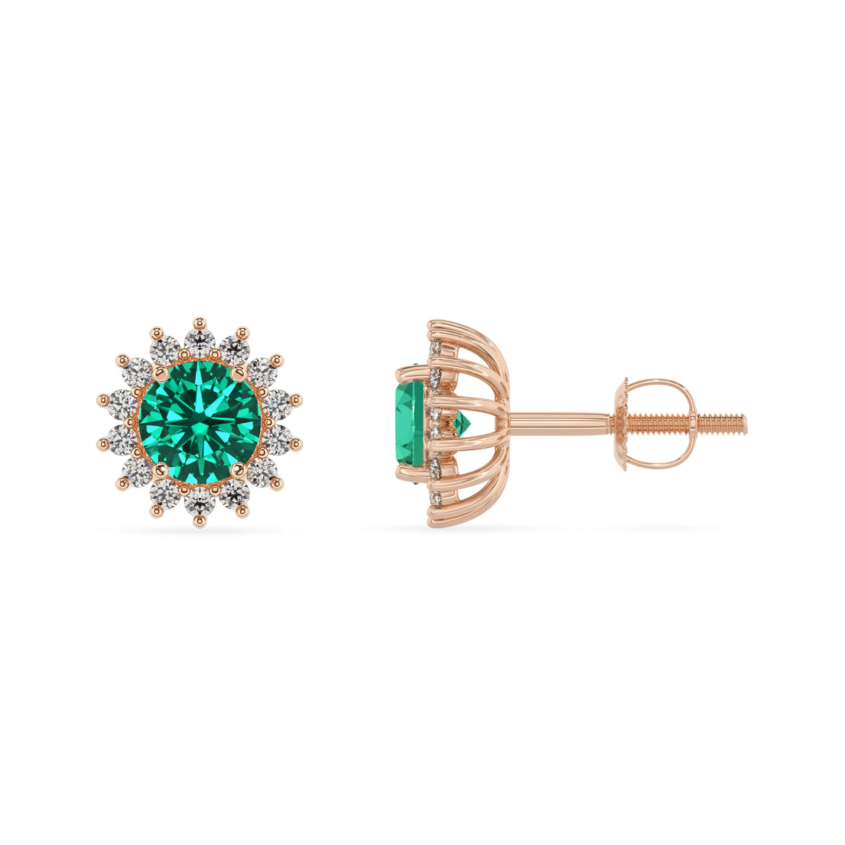 lab grown emerald round stud earrings in rose gold 
