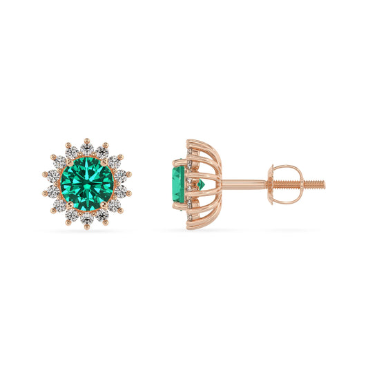 lab grown emerald round stud earrings in rose gold 