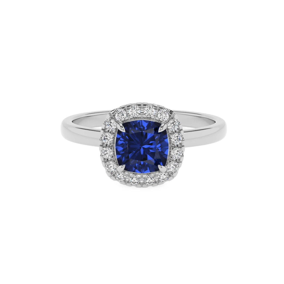 lab grown blue-sapphire cushion solitaire rings in white gold 