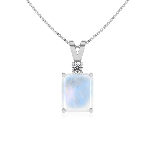 natural rainbow-moonstone emerald cut solitaire v-bale necklaces in platinum 