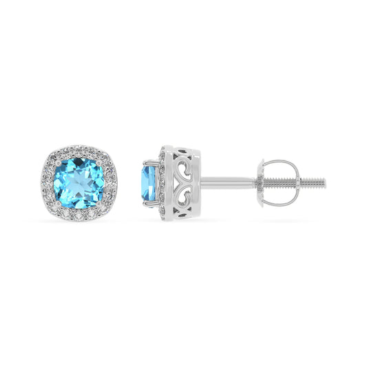 natural swiss blue topaz cushion stud earrings in white gold 