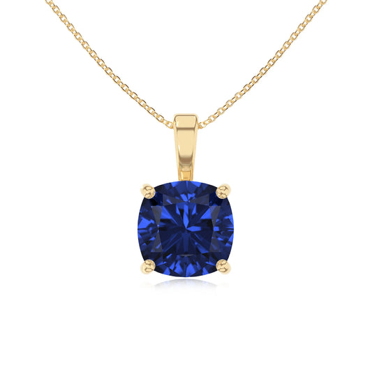 lab grown blue-sapphire cushion solitaire necklaces in yellow gold 
