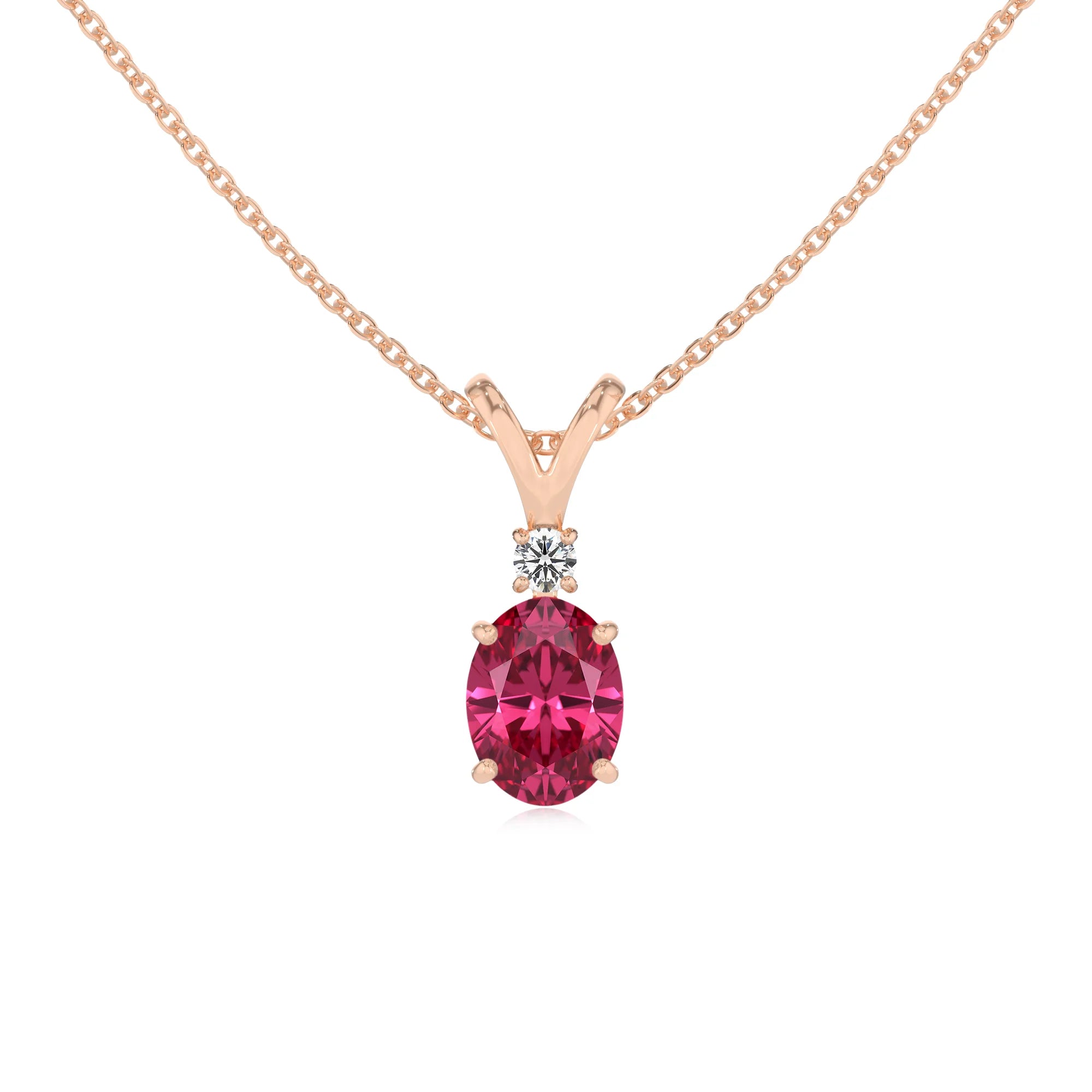 lab grown pink-tourmaline oval solitaire v-bale necklaces in rose gold 
